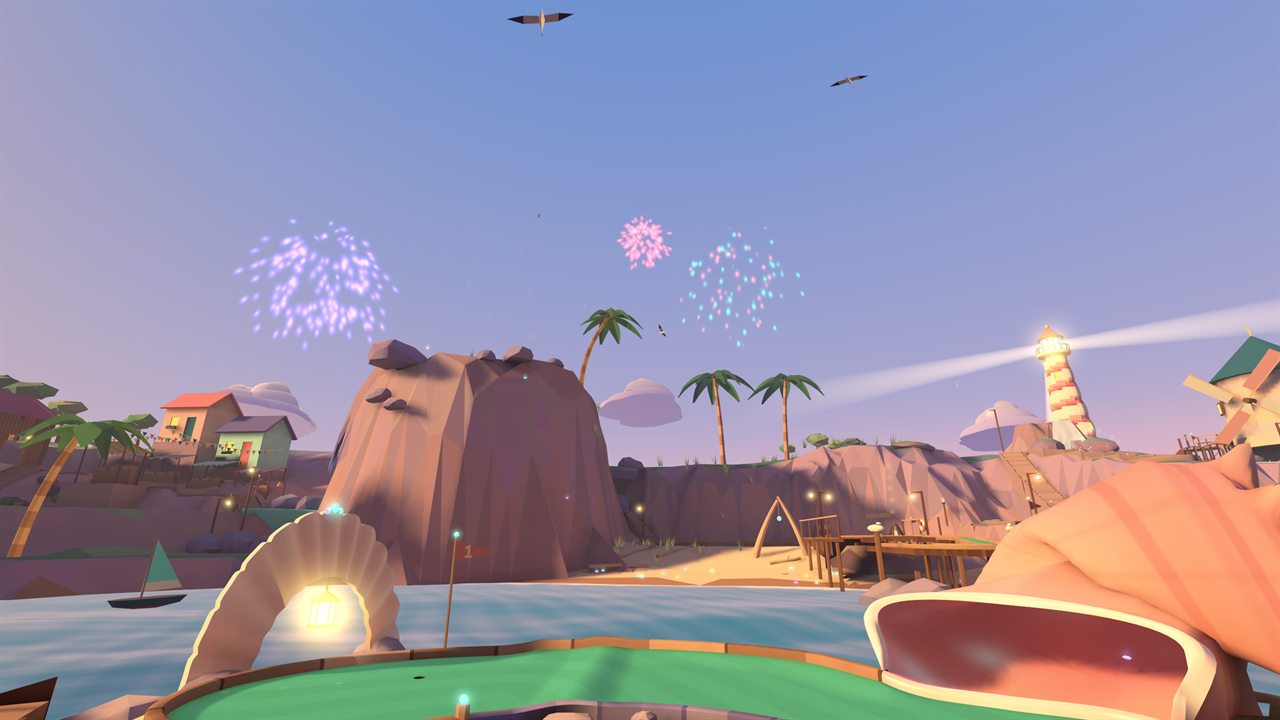 Fireworks over the cove and lighthouse after a hole-in-one