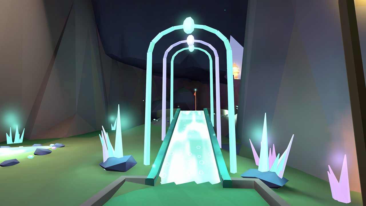 Glowing sea-glass arches over a green inside a cave