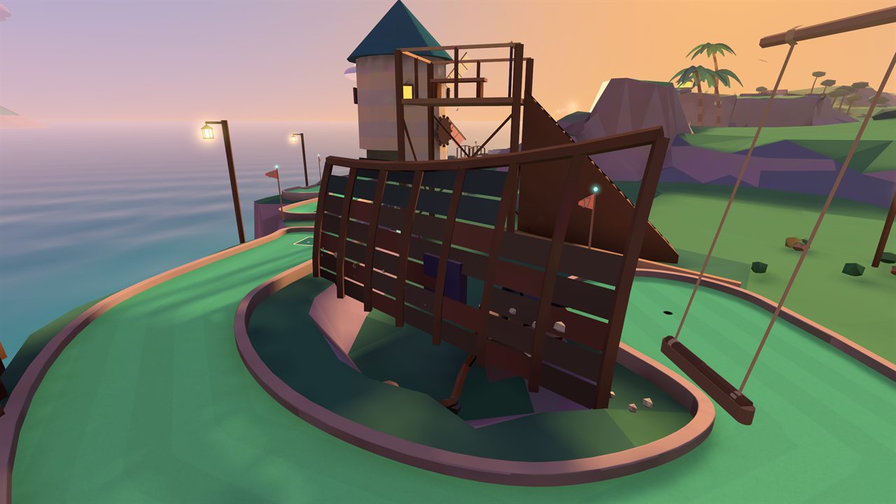A green curling around a wrecked ship's hull below the lighthouse