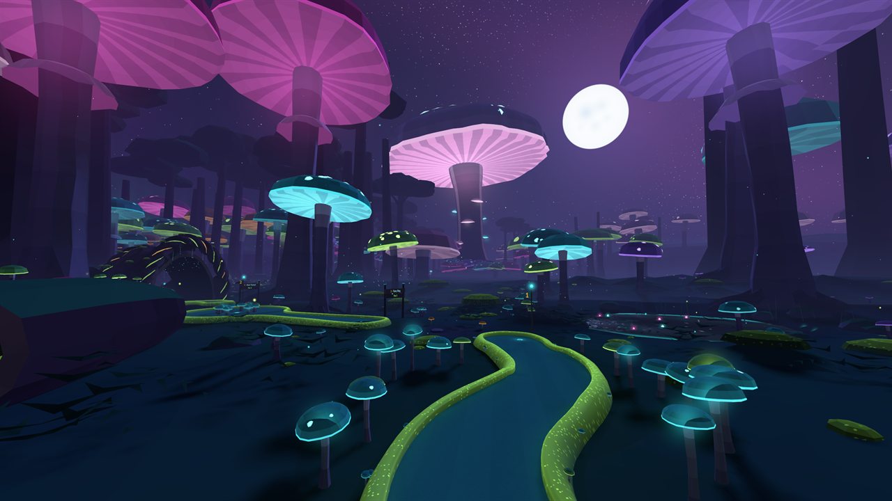 A winding green among glowing mushrooms, the Mother Shroom and the moon beyond