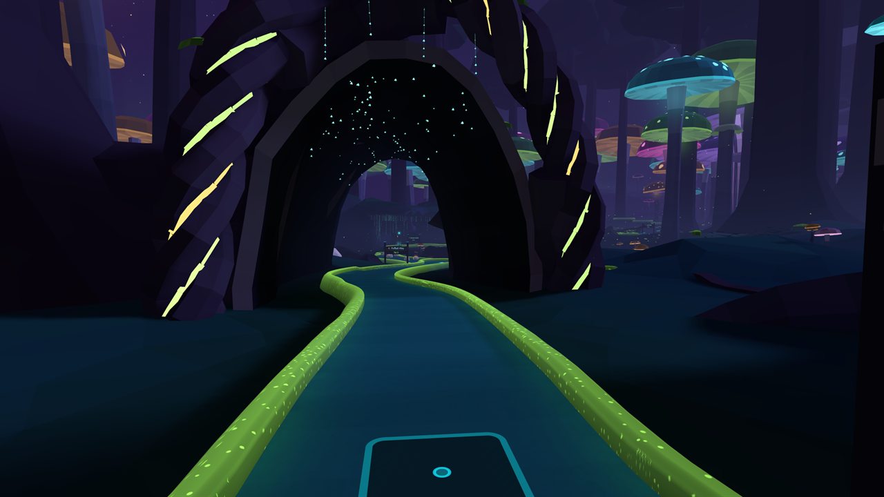 A glowing green running into a tunnel of luminous roots at night