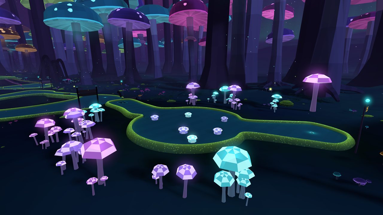 Pink and cyan crystal mushrooms around a winding green