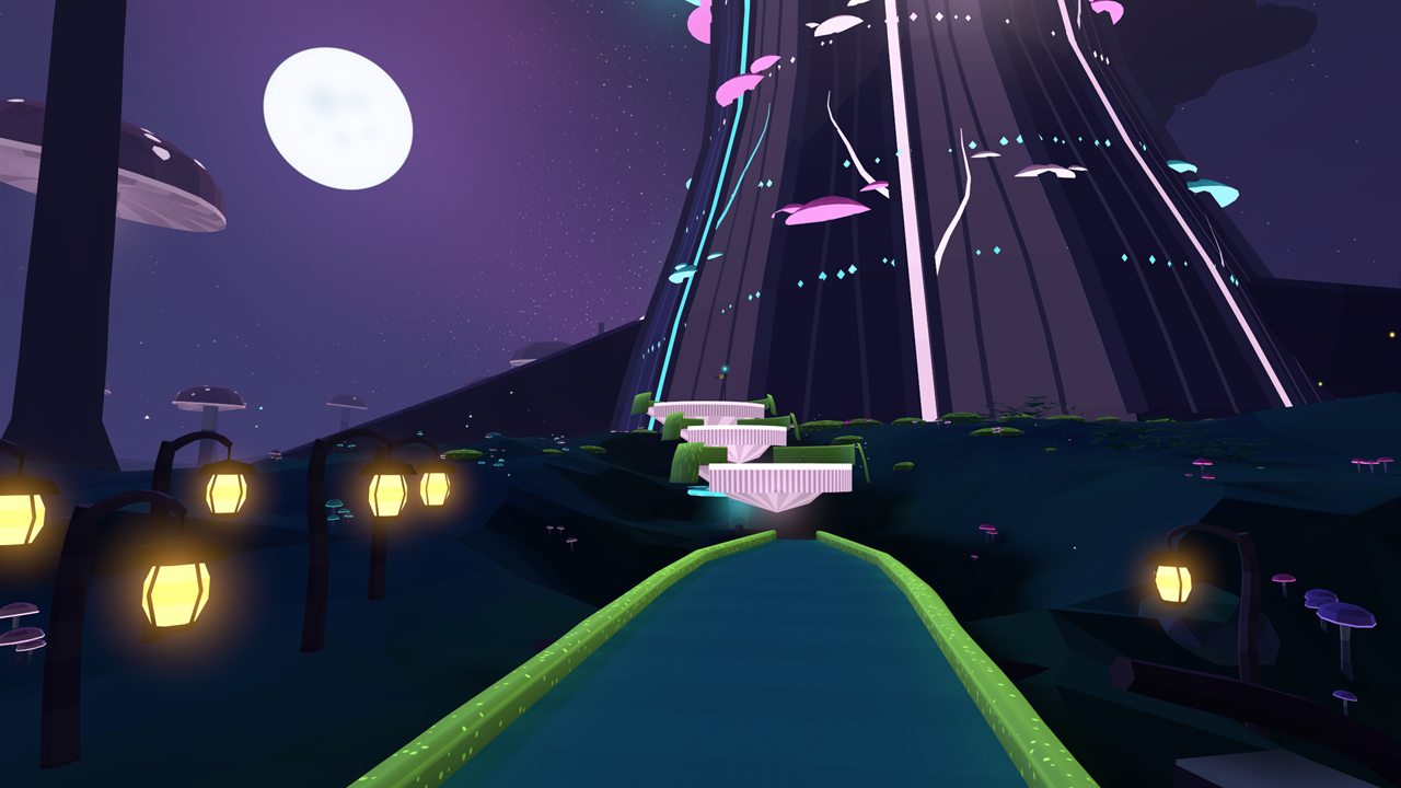 A glowing green leading toward the giant Mother Shroom under a full moon