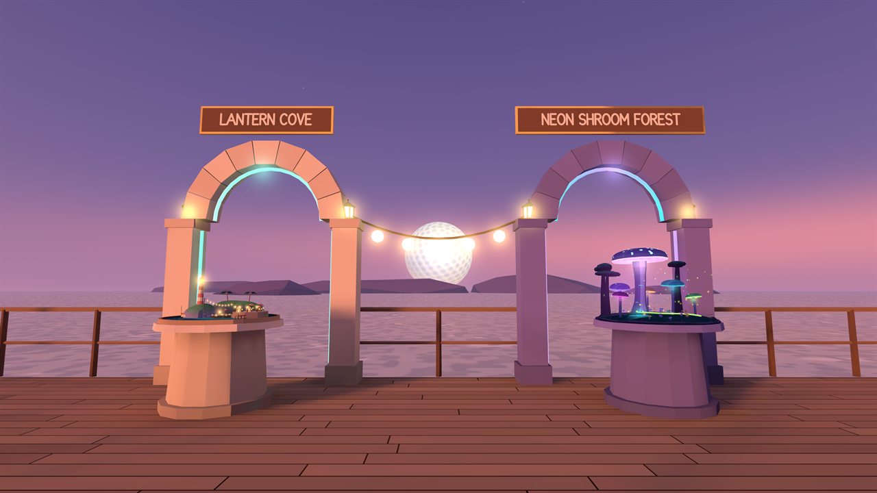 Two stone arches with miniature dioramas of Lantern Cove and Neon Shroom Forest, a golf-ball moon rising over the sea between them
